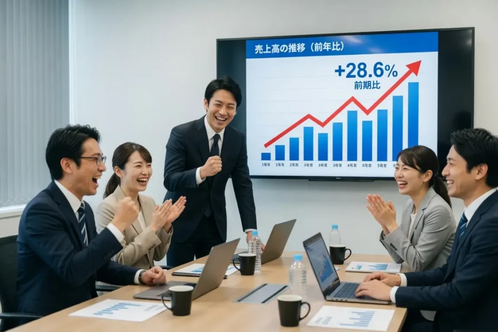 売り上げが上がってテンションが上がっている会議